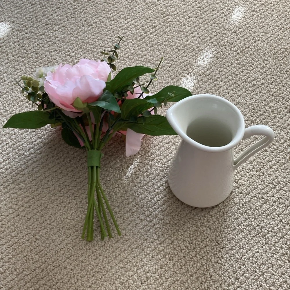 IKEA Faux Pink Flower Bouquet with Farmstyle Pitcher Vase Cream Center Piece